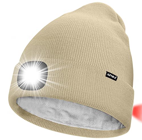 ATNKE Unisex 8 LED Mütze mit Licht,Wiederaufladbare USB Rot Blinkendes Alarm Rücklicht Laufmütze Lampe Winter Warme Gefüttertes Fleece Stricken Mütze für Herren und Damen Geschenke/Beige von ATNKE