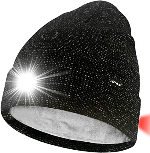 ATNKE Unisex 8 LED Mütze mit Licht,Wiederaufladbare USB Rot Blinkendes Alarm Rücklicht Laufmütze Lampe Winter Warme Gefüttertes Fleece Stricken Mütze für Herren und Damen Geschenke/Black Goldwire von ATNKE