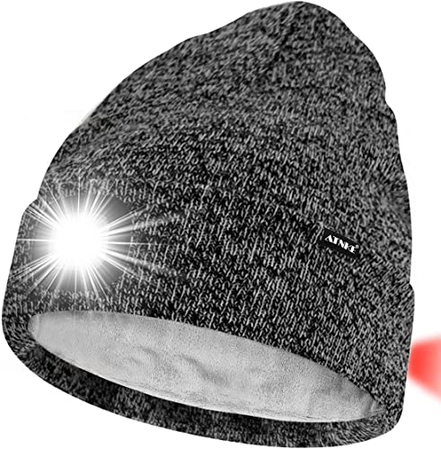 ATNKE Unisex 8 LED Mütze mit Licht,Wiederaufladbare USB Rot Blinkendes Alarm Rücklicht Laufmütze Lampe Winter Warme Gefüttertes Fleece Stricken Mütze für Herren und Damen Geschenke/Black White von ATNKE