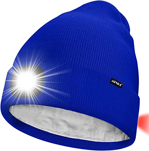 ATNKE Unisex 8 LED Mütze mit Licht,Wiederaufladbare USB Rot Blinkendes Alarm Rücklicht Laufmütze Lampe Winter Warme Gefüttertes Fleece Stricken Mütze für Herren und Damen Geschenke/Blue von ATNKE