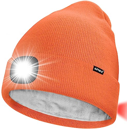 ATNKE Unisex 8 LED Mütze mit Licht,Wiederaufladbare USB Rot Blinkendes Alarm Rücklicht Laufmütze Lampe Winter Warme Gefüttertes Fleece Stricken Mütze für Herren und Damen Geschenke/Bright Orange von ATNKE