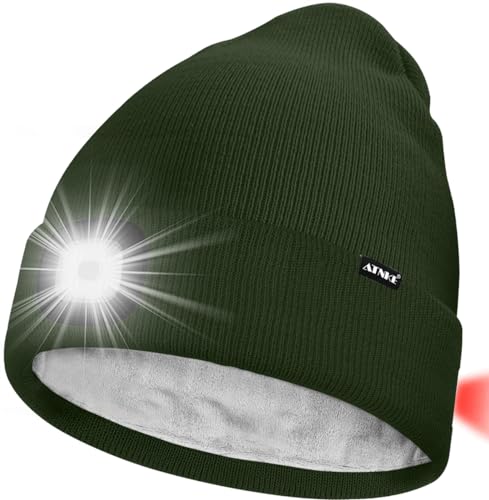 ATNKE Unisex 8 LED Mütze mit Licht,Wiederaufladbare USB Rot Blinkendes Alarm Rücklicht Laufmütze Lampe Winter Warme Gefüttertes Fleece Stricken Mütze für Herren und Damen Geschenke/Dark Army Green von ATNKE