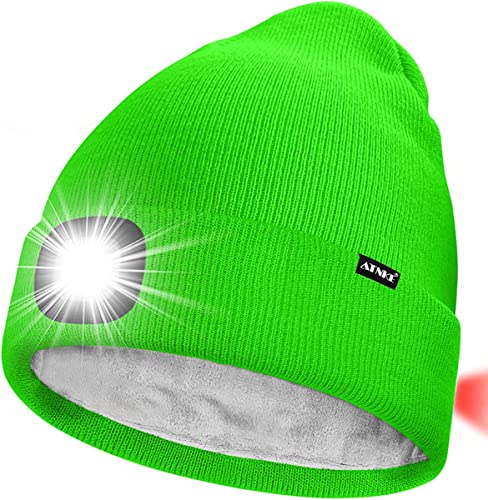 ATNKE Unisex 8 LED Mütze mit Licht,Wiederaufladbare USB Rot Blinkendes Alarm Rücklicht Laufmütze Lampe Winter Warme Gefüttertes Fleece Stricken Mütze für Herren und Damen Geschenke/Flucent Green von ATNKE