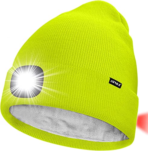 ATNKE Unisex 8 LED Mütze mit Licht,Wiederaufladbare USB Rot Blinkendes Alarm Rücklicht Laufmütze Lampe Winter Warme Gefüttertes Fleece Stricken Mütze für Herren und Damen Geschenke/Flucent Yellow von ATNKE
