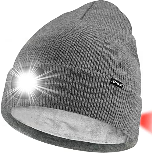 ATNKE Unisex 8 LED Mütze mit Licht,Wiederaufladbare USB Rot Blinkendes Alarm Rücklicht Laufmütze Lampe Winter Warme Gefüttertes Fleece Stricken Mütze für Herren und Damen Geschenke/Grey von ATNKE