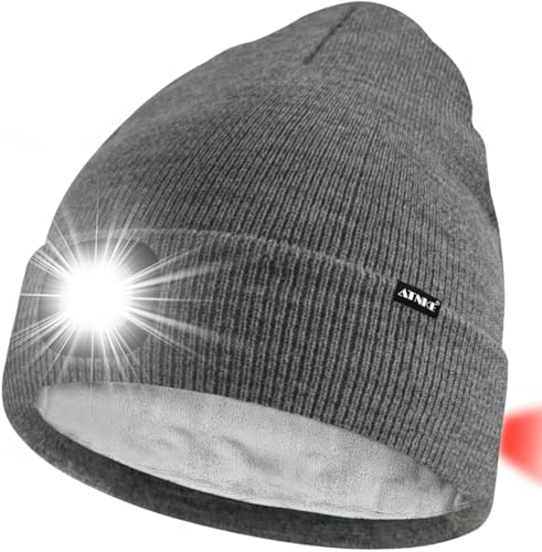ATNKE Unisex 8 LED Mütze mit Licht,Wiederaufladbare USB Rot Blinkendes Alarm Rücklicht Laufmütze Lampe Winter Warme Gefüttertes Fleece Stricken Mütze für Herren und Damen Geschenke/Grey von ATNKE