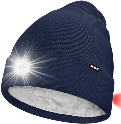 ATNKE Unisex 8 LED Mütze mit Licht,Wiederaufladbare USB Rot Blinkendes Alarm Rücklicht Laufmütze Lampe Winter Warme Gefüttertes Fleece Stricken Mütze für Herren und Damen Geschenke/Light Navy Blue von ATNKE