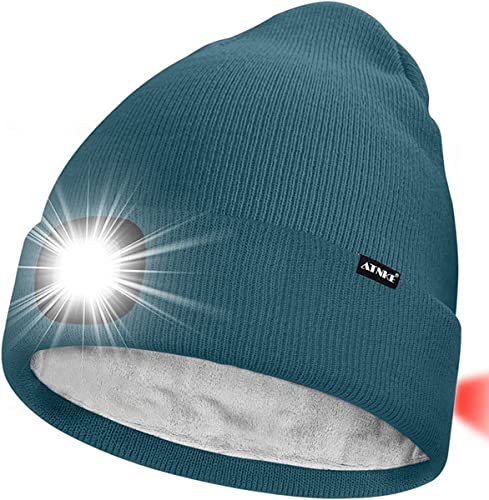 ATNKE Unisex 8 LED Mütze mit Licht,Wiederaufladbare USB Rot Blinkendes Alarm Rücklicht Laufmütze Lampe Winter Warme Gefüttertes Fleece Stricken Mütze für Herren und Damen Geschenke/Olive Green von ATNKE