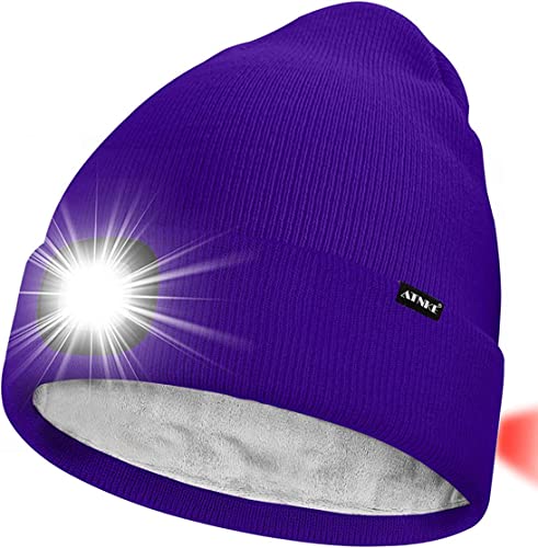 ATNKE Unisex 8 LED Mütze mit Licht,Wiederaufladbare USB Rot Blinkendes Alarm Rücklicht Laufmütze Lampe Winter Warme Gefüttertes Fleece Stricken Mütze für Herren und Damen Geschenke/Purple von ATNKE