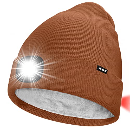 ATNKE Unisex 8 LED Mütze mit Licht,Wiederaufladbare USB Rot Blinkendes Alarm Rücklicht Laufmütze Lampe Winter Warme Gefüttertes Fleece Stricken Mütze für Herren und Damen Geschenke/Red Brown von ATNKE