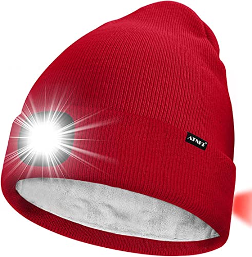 ATNKE Unisex 8 LED Mütze mit Licht,Wiederaufladbare USB Rot Blinkendes Alarm Rücklicht Laufmütze Lampe Winter Warme Gefüttertes Fleece Stricken Mütze für Herren und Damen Geschenke/Red von ATNKE