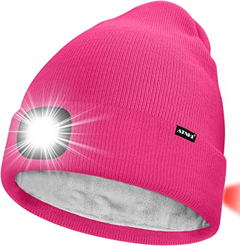 ATNKE Unisex 8 LED Mütze mit Licht,Wiederaufladbare USB Rot Blinkendes Alarm Rücklicht Laufmütze Lampe Winter Warme Gefüttertes Fleece Stricken Mütze für Herren und Damen Geschenke/Rose Red von ATNKE