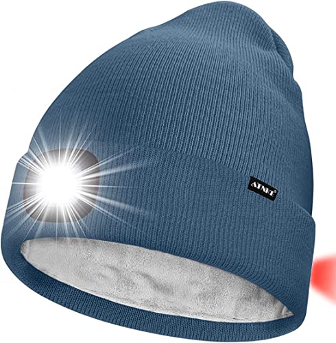 ATNKE Unisex 8 LED Mütze mit Licht,Wiederaufladbare USB Rot Blinkendes Alarm Rücklicht Laufmütze Lampe Winter Warme Gefüttertes Fleece Stricken Mütze für Herren und Damen Geschenke/Shadow Blue von ATNKE