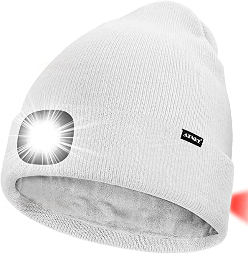 ATNKE Unisex 8 LED Mütze mit Licht,Wiederaufladbare USB Rot Blinkendes Alarm Rücklicht Laufmütze Lampe Winter Warme Gefüttertes Fleece Stricken Mütze für Herren und Damen Geschenke/White von ATNKE