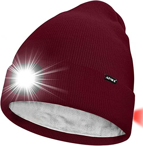 ATNKE Unisex 8 LED Mütze mit Licht,Wiederaufladbare USB Rot Blinkendes Alarm Rücklicht Laufmütze Lampe Winter Warme Gefüttertes Fleece Stricken Mütze für Herren und Damen Geschenke/Wine Red von ATNKE