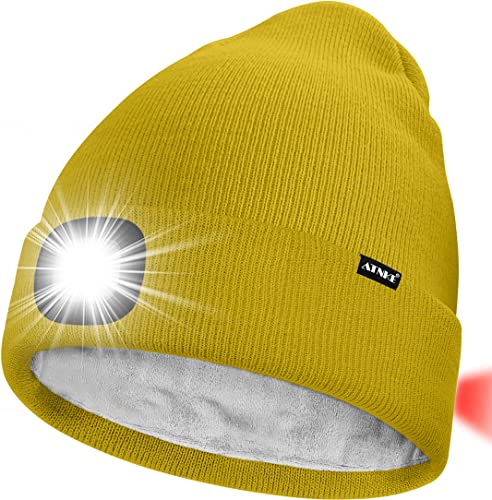 ATNKE Unisex 8 LED Mütze mit Licht,Wiederaufladbare USB Rot Blinkendes Alarm Rücklicht Laufmütze Lampe Winter Warme Gefüttertes Fleece Stricken Mütze für Herren und Damen Geschenke/Yellow von ATNKE