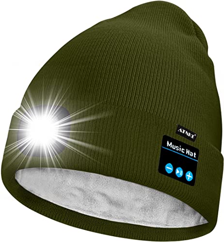 ATNKE Unisex LED Bluetooth Mütze mit Licht,Wiederaufladbare USB 4 LED Musik Redner Laufmütze Lampe Winter Warme Gefüttertes Fleece Stricken Mütze für Herren und Damen Geschenke/Army Green von ATNKE
