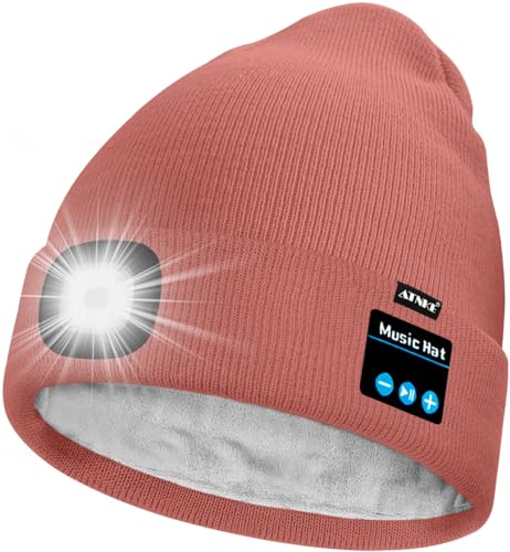 ATNKE Unisex LED Bluetooth Mütze mit Licht,Wiederaufladbare USB 4 LED Musik Redner Laufmütze Lampe Winter Warme Gefüttertes Fleece Stricken Mütze für Herren und Damen Geschenke/Bean Paste Powder von ATNKE