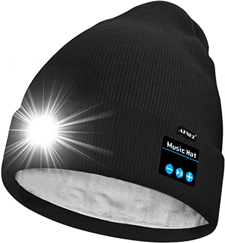 ATNKE Unisex LED Bluetooth Mütze mit Licht,Wiederaufladbare USB 4 LED Musik Redner Laufmütze Lampe Winter Warme Gefüttertes Fleece Stricken Mütze für Herren und Damen Geschenke/Black von ATNKE
