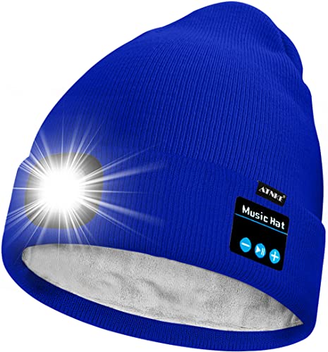 ATNKE Unisex LED Bluetooth Mütze mit Licht,Wiederaufladbare USB 4 LED Musik Redner Laufmütze Lampe Winter Warme Gefüttertes Fleece Stricken Mütze für Herren und Damen Geschenke/Blue von ATNKE