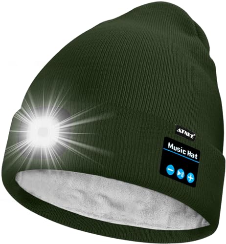 ATNKE Unisex LED Bluetooth Mütze mit Licht,Wiederaufladbare USB 4 LED Musik Redner Laufmütze Lampe Winter Warme Gefüttertes Fleece Stricken Mütze für Herren und Damen Geschenke/Dark Army Green von ATNKE