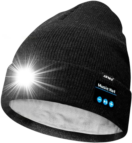 ATNKE Unisex LED Bluetooth Mütze mit Licht,Wiederaufladbare USB 4 LED Musik Redner Laufmütze Lampe Winter Warme Gefüttertes Fleece Stricken Mütze für Herren und Damen Geschenke/Dark Grey von ATNKE