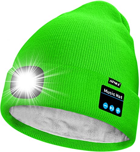 ATNKE Unisex LED Bluetooth Mütze mit Licht,Wiederaufladbare USB 4 LED Musik Redner Laufmütze Lampe Winter Warme Gefüttertes Fleece Stricken Mütze für Herren und Damen Geschenke/Flucent Green von ATNKE
