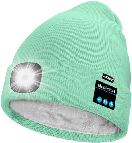 ATNKE Unisex LED Bluetooth Mütze mit Licht,Wiederaufladbare USB 4 LED Musik Redner Laufmütze Lampe Winter Warme Gefüttertes Fleece Stricken Mütze für Herren und Damen Geschenke/Fruit Green von ATNKE