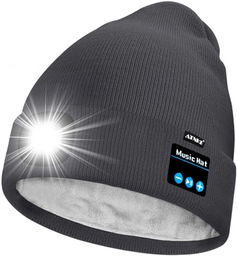 ATNKE Unisex LED Bluetooth Mütze mit Licht,Wiederaufladbare USB 4 LED Musik Redner Laufmütze Lampe Winter Warme Gefüttertes Fleece Stricken Mütze für Herren und Damen Geschenke/Noble Gray von ATNKE