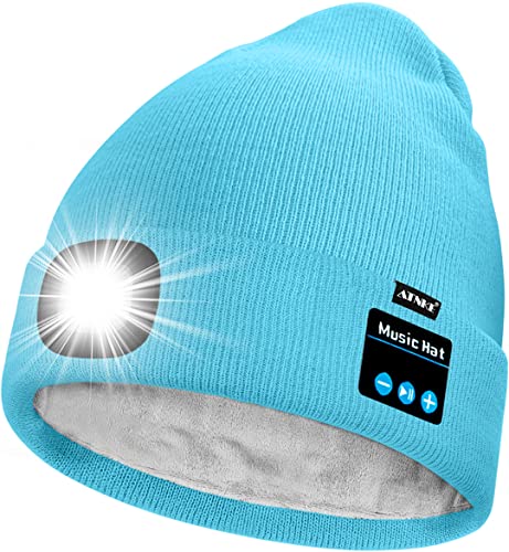 ATNKE Unisex LED Bluetooth Mütze mit Licht,Wiederaufladbare USB 4 LED Musik Redner Laufmütze Lampe Winter Warme Gefüttertes Fleece Stricken Mütze für Herren und Damen Geschenke/Light Blue von ATNKE
