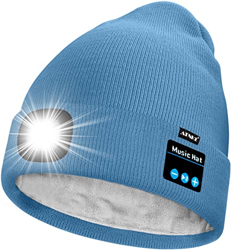 ATNKE Unisex LED Bluetooth Mütze mit Licht,Wiederaufladbare USB 4 LED Musik Redner Laufmütze Lampe Winter Warme Gefüttertes Fleece Stricken Mütze für Herren und Damen Geschenke/Magnolia Blue von ATNKE