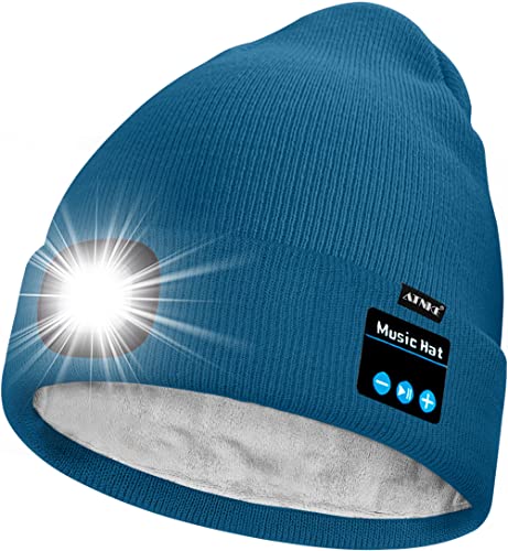 ATNKE Unisex LED Bluetooth Mütze mit Licht,Wiederaufladbare USB 4 LED Musik Redner Laufmütze Lampe Winter Warme Gefüttertes Fleece Stricken Mütze für Herren und Damen Geschenke/Peacock Blue von ATNKE