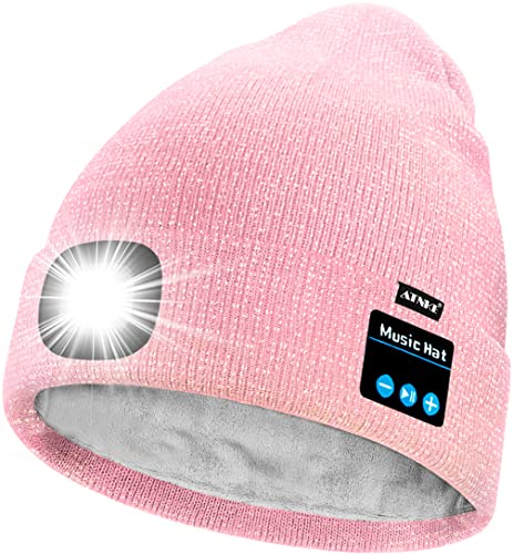 ATNKE Unisex LED Bluetooth Mütze mit Licht,Wiederaufladbare USB 4 LED Musik Redner Laufmütze Lampe Winter Warme Gefüttertes Fleece Stricken Mütze für Herren und Damen Geschenke/Pink Goldwire von ATNKE