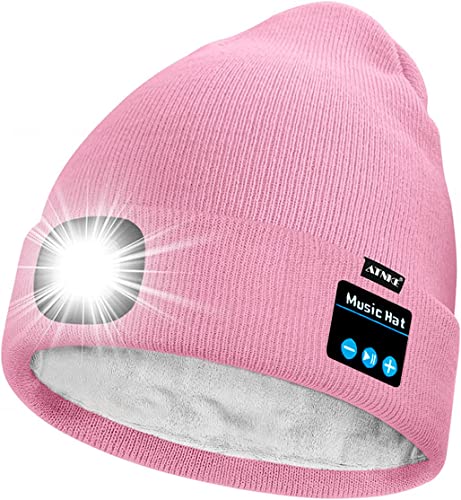 ATNKE Unisex LED Bluetooth Mütze mit Licht,Wiederaufladbare USB 4 LED Musik Redner Laufmütze Lampe Winter Warme Gefüttertes Fleece Stricken Mütze für Herren und Damen Geschenke/Pink von ATNKE