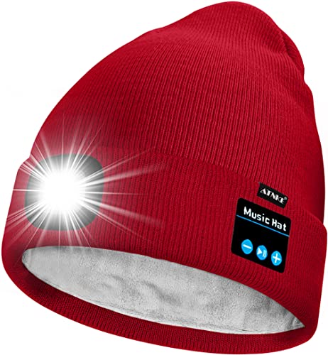 ATNKE Unisex LED Bluetooth Mütze mit Licht,Wiederaufladbare USB 4 LED Musik Redner Laufmütze Lampe Winter Warme Gefüttertes Fleece Stricken Mütze für Herren und Damen Geschenke/Red von ATNKE