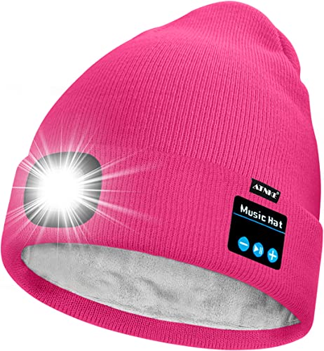 ATNKE Unisex LED Bluetooth Mütze mit Licht,Wiederaufladbare USB 4 LED Musik Redner Laufmütze Lampe Winter Warme Gefüttertes Fleece Stricken Mütze für Herren und Damen Geschenke/Rose Red von ATNKE