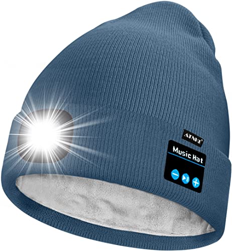 ATNKE Unisex LED Bluetooth Mütze mit Licht,Wiederaufladbare USB 4 LED Musik Redner Laufmütze Lampe Winter Warme Gefüttertes Fleece Stricken Mütze für Herren und Damen Geschenke/Shadow Blue von ATNKE