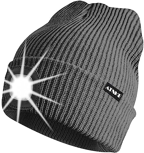 ATNKE Unisex LED Mütze mit Licht,Wiederaufladbare USB 4 LED Beleuchtete Laufmütze Extrem Heller Lampe Winter Warme Stricken Mütze für Herren und Damen Geschenke/Dark Grey von ATNKE