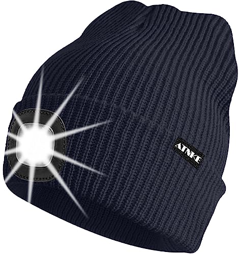 ATNKE Unisex LED Mütze mit Licht,Wiederaufladbare USB 4 LED Beleuchtete Laufmütze Extrem Heller Lampe Winter Warme Stricken Mütze für Herren und Damen Geschenke/Navy Blue von ATNKE