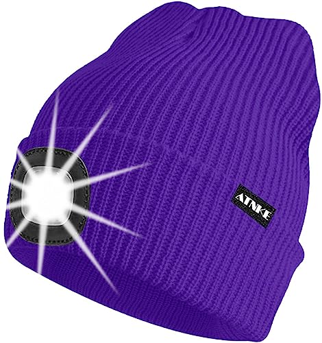 ATNKE Unisex LED Mütze mit Licht,Wiederaufladbare USB 4 LED Beleuchtete Laufmütze Extrem Heller Lampe Winter Warme Stricken Mütze für Herren und Damen Geschenke/Purple von ATNKE