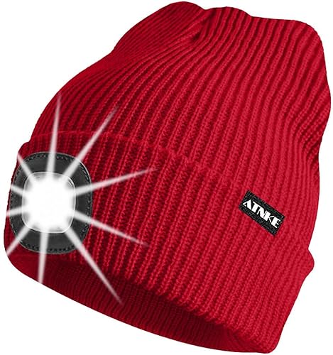 ATNKE Unisex LED Mütze mit Licht,Wiederaufladbare USB 4 LED Beleuchtete Laufmütze Extrem Heller Lampe Winter Warme Stricken Mütze für Herren und Damen Geschenke/Red von ATNKE