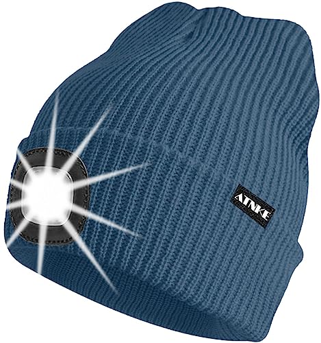 ATNKE Unisex LED Mütze mit Licht,Wiederaufladbare USB 4 LED Beleuchtete Laufmütze Extrem Heller Lampe Winter Warme Stricken Mütze für Herren und Damen Geschenke/Shadow Blue von ATNKE