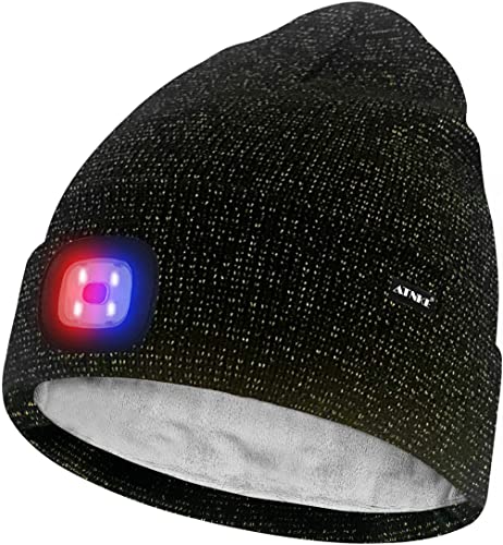 ATNKE Unisex LED Mütze mit Licht,Wiederaufladbare USB 4 LED Rot und Blau Leuchten Blinkender Laufmütze Lampe Warme Gefüttertes Fleece Stricken Mütze für Herren und Damen Geschenke/Black Goldwire von ATNKE