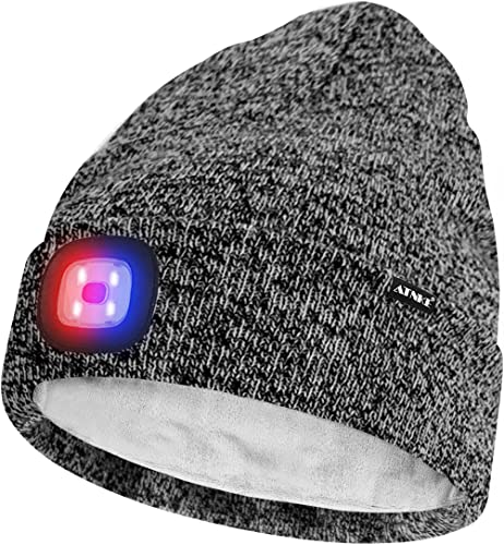 ATNKE Unisex LED Mütze mit Licht,Wiederaufladbare USB 4 LED Rot und Blau Leuchten Blinkender Laufmütze Lampe Warme Gefüttertes Fleece Stricken Mütze für Herren und Damen Geschenke/Blended Black White von ATNKE