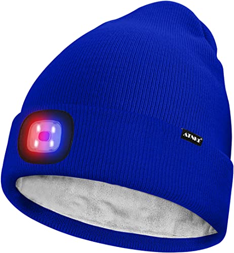 ATNKE Unisex LED Mütze mit Licht,Wiederaufladbare USB 4 LED Rot und Blau Leuchten Blinkender Laufmütze Lampe Warme Gefüttertes Fleece Stricken Mütze für Herren und Damen Geschenke/Blue von ATNKE