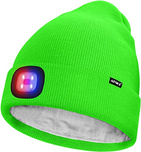 ATNKE Unisex LED Mütze mit Licht,Wiederaufladbare USB 4 LED Rot und Blau Leuchten Blinkender Laufmütze Lampe Warme Gefüttertes Fleece Stricken Mütze für Herren und Damen Geschenke/Fluorescent Green von ATNKE