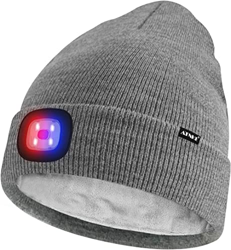 ATNKE Unisex LED Mütze mit Licht,Wiederaufladbare USB 4 LED Rot und Blau Leuchten Blinkender Laufmütze Lampe Warme Gefüttertes Fleece Stricken Mütze für Herren und Damen Geschenke/Grey von ATNKE