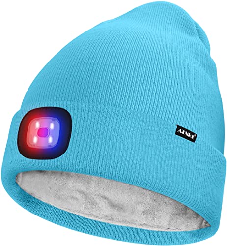 ATNKE Unisex LED Mütze mit Licht,Wiederaufladbare USB 4 LED Rot und Blau Leuchten Blinkender Laufmütze Lampe Warme Gefüttertes Fleece Stricken Mütze für Herren und Damen Geschenke/Light Blue von ATNKE