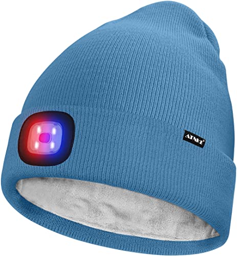 ATNKE Unisex LED Mütze mit Licht,Wiederaufladbare USB 4 LED Rot und Blau Leuchten Blinkender Laufmütze Lampe Warme Gefüttertes Fleece Stricken Mütze für Herren und Damen Geschenke/Magnolia Blue von ATNKE