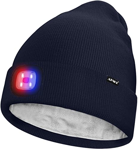 ATNKE Unisex LED Mütze mit Licht,Wiederaufladbare USB 4 LED Rot und Blau Leuchten Blinkender Laufmütze Lampe Warme Gefüttertes Fleece Stricken Mütze für Herren und Damen Geschenke/Navy Blue von ATNKE